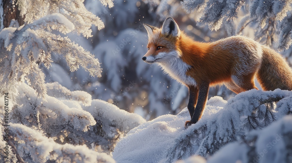 A majestic red fox stands alert in a tranquil winter landscape, its thick winter coat fully fluffed against the cold, showcasing nature's beauty during the hunting season.