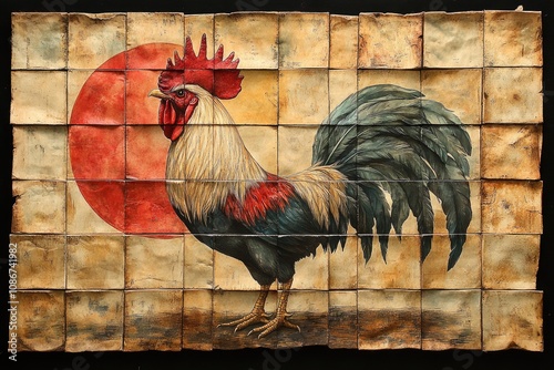 Vintage rooster mural with red sun motif on weathered panels photo