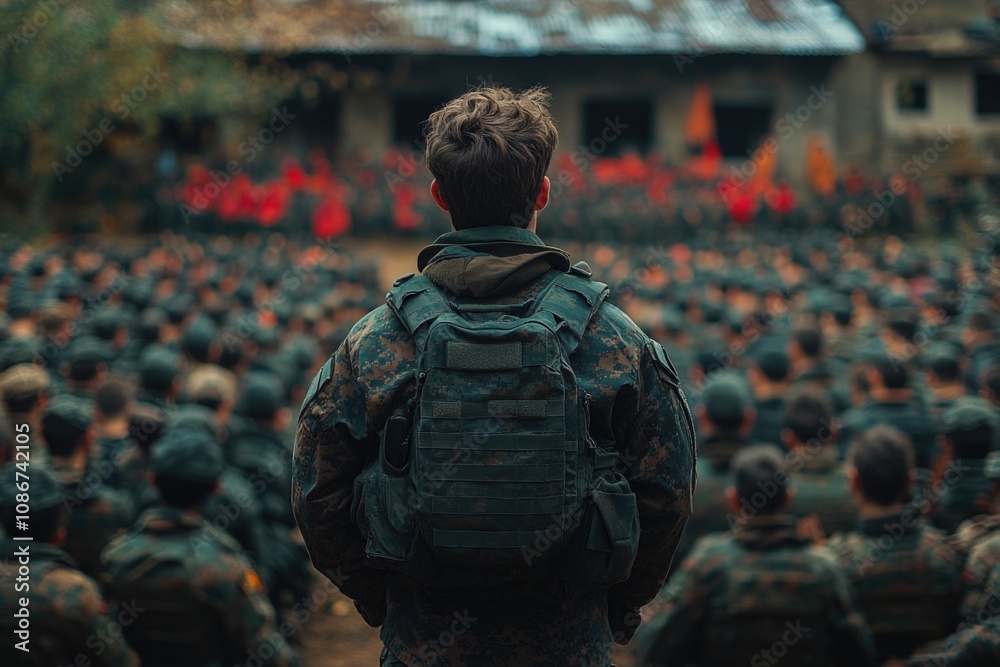 Soldier observing troop formation ceremony in outdoor military setting