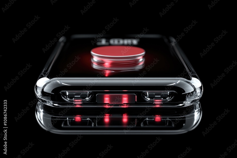 Futuristic smartphone design with transparent case and red accent button on black background Futuristic smartphone design with transparent case and red accent button on black background