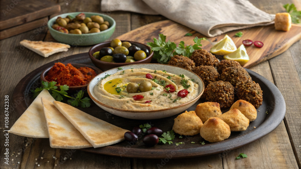 tantalizing platter of Mediterranean appetizers featuring hummus, olives, and falafel tantalizing platter of Mediterranean appetizers featuring hummus, olives, and falafel