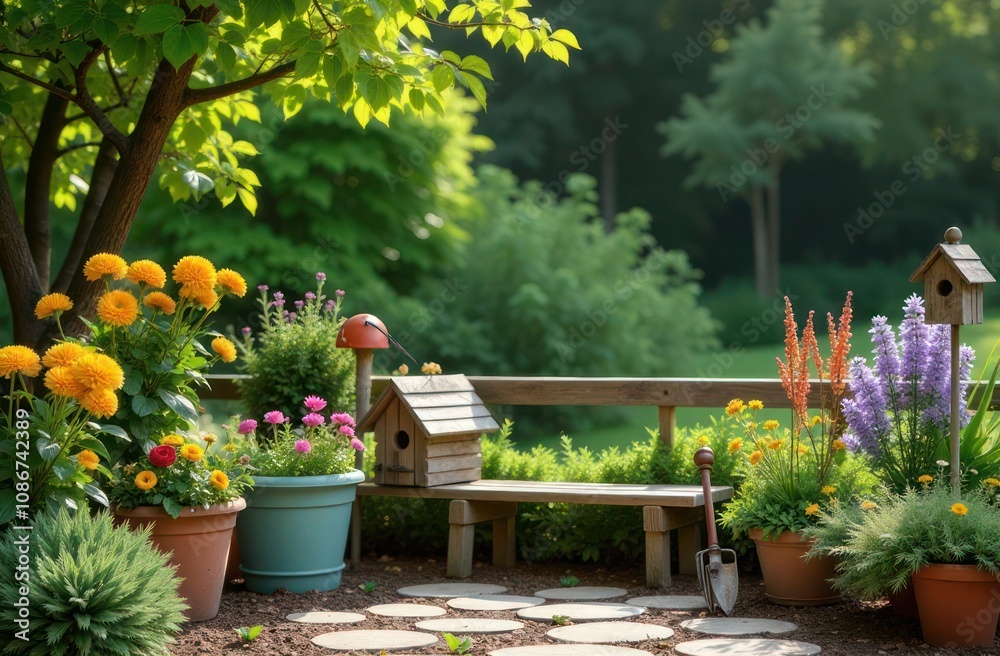 Obraz premium charming garden corner with decorative items