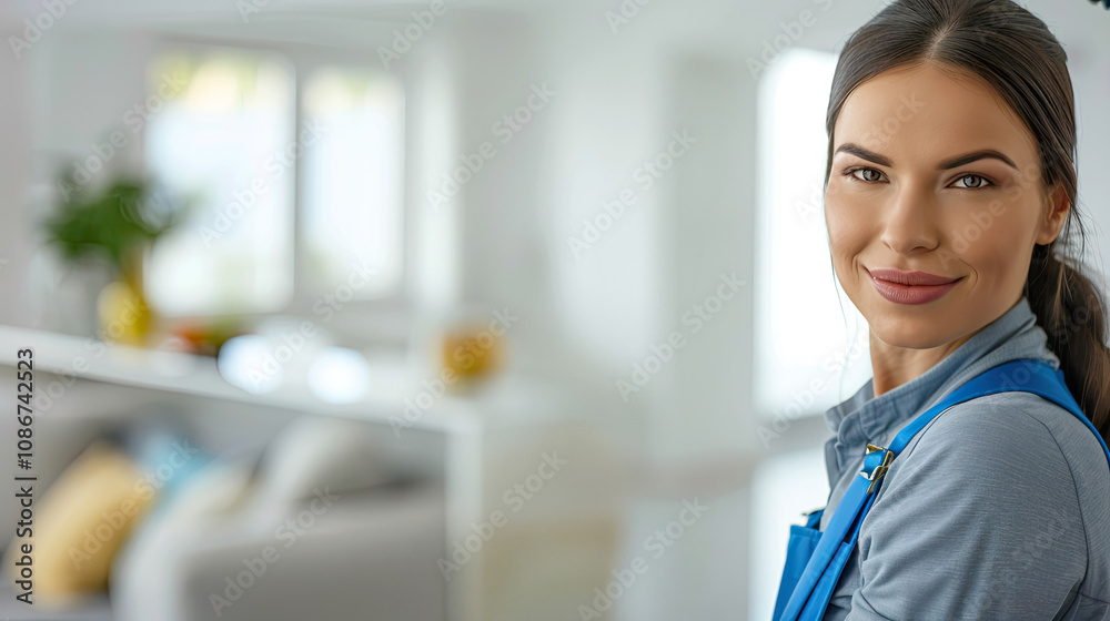Young woman in uniform apron cleaning manager doing cleaning in bright modern home living room. Banner for cleaning services, household goods or professional cleaning Young woman in uniform apron cleaning manager doing cleaning in bright modern home living room. Banner for cleaning services, household goods or professional cleaning