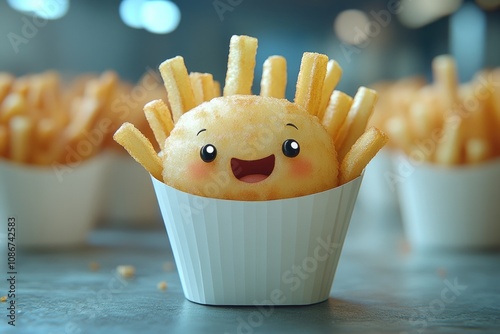 Cute smiling snack character with french fries in a cup photo