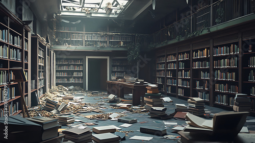 Undergraduate library deserted, books scattered across floor, time-worn atmosphere, 8k, hyper realistic, real life based. 