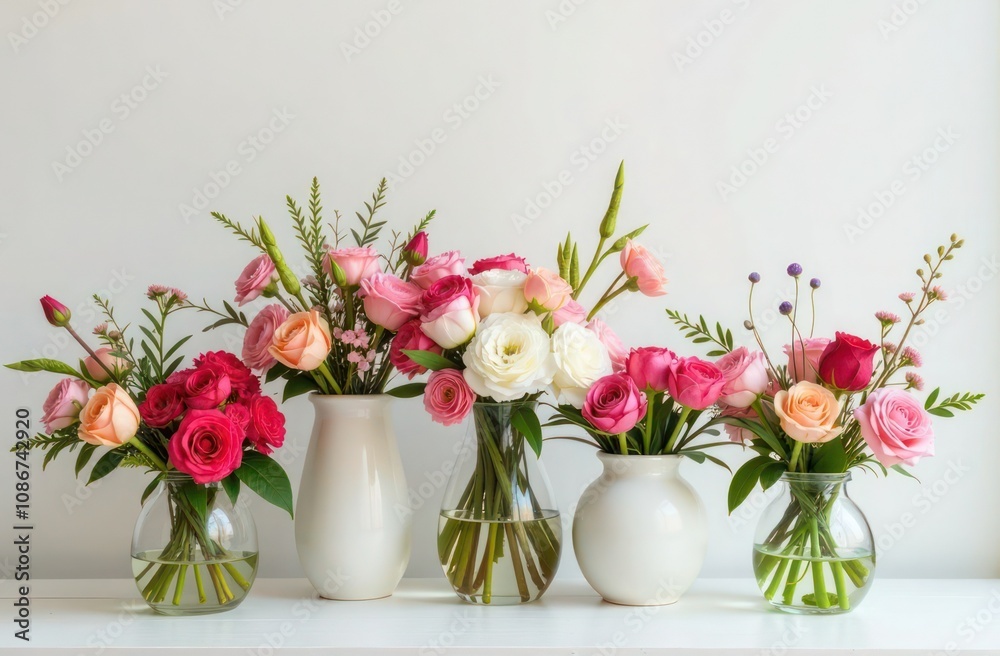 Obraz premium collection of beautiful flower bouquets in various vases. Space for text to advertise floral design workshops or bouquet delivery services
