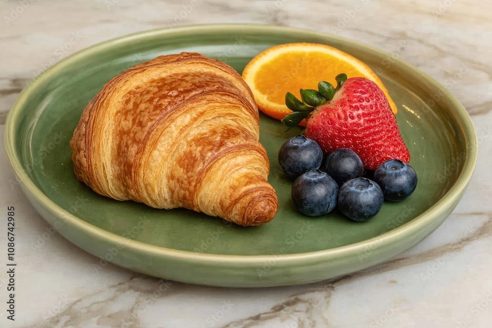 A Buttery Croissant Served with Berries and Orange A Buttery Croissant Served with Berries and Orange