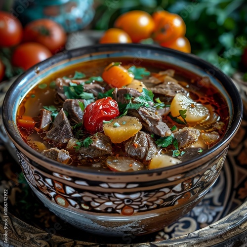 Homemade Lamb Soup Piti, Putuk with Cherry Plums on Rustic Background, Azerbaijani Bozbash photo