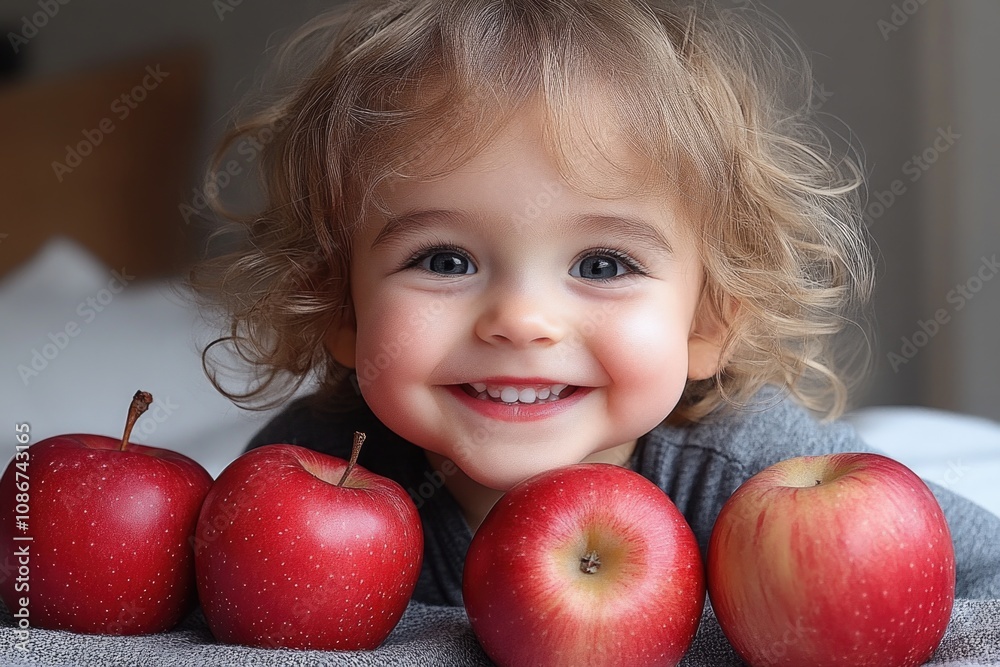Smiling toddler with red apples displaying joy and freshness indoors Smiling toddler with red apples displaying joy and freshness indoors