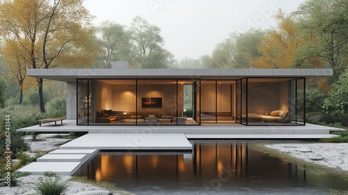 a minimalist cube house with concrete walls and large glass panels, on a white background.