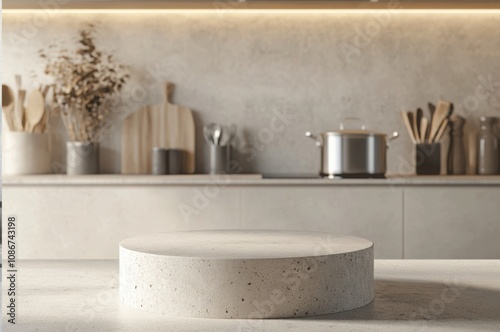 Small, round product podium in the foreground with a modern kitchen setup in the background, ideal for clean and minimalistic product displays.
