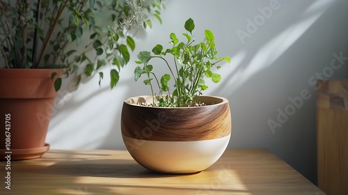 Wallpaper Mural A small green plant in a unique wooden and white pot sits on a light wood table in sunlight. Torontodigital.ca