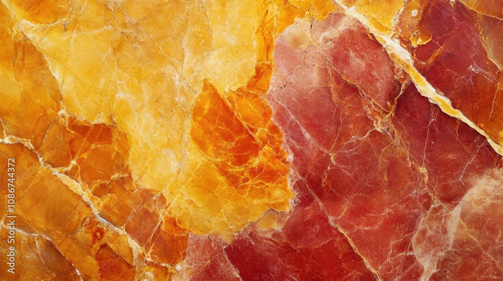 Fototapeta premium Vibrant Natural Stone Texture Featuring Rich Hues of Orange, Red, and Yellow with Intricate Veins and Patterns Ideal for Background or Design Elements