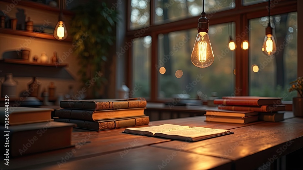 Cozy Reading Nook With Warm Lighting, Books Scattered on a Rustic Table During Autumn Evenings Cozy Reading Nook With Warm Lighting, Books Scattered on a Rustic Table During Autumn Evenings