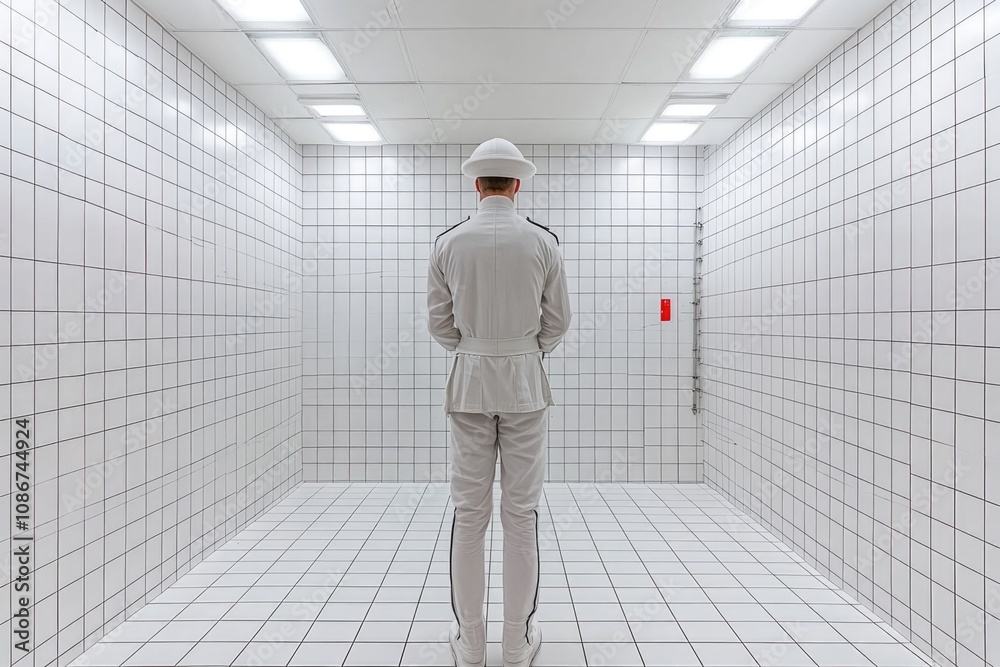 Fototapeta premium Minimalist white room with man in uniform facing away