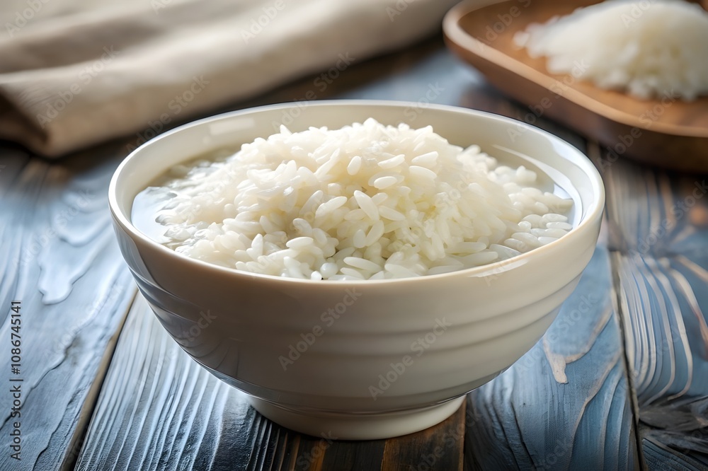 raw rice soak in water in bowl to prepare for cooking raw rice soak in water in bowl to prepare for cooking