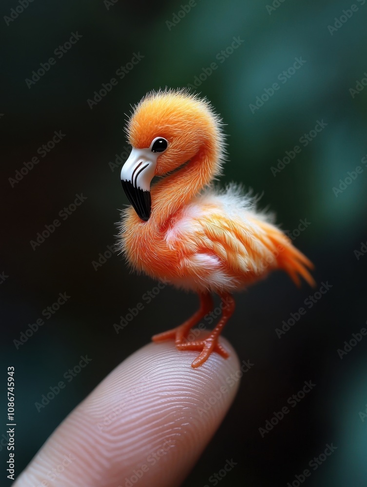 Fototapeta premium Adorable flamingo. It is the world's smallest cute pet baby, perched on a beautiful finger, which is undoubtedly cute and charming.