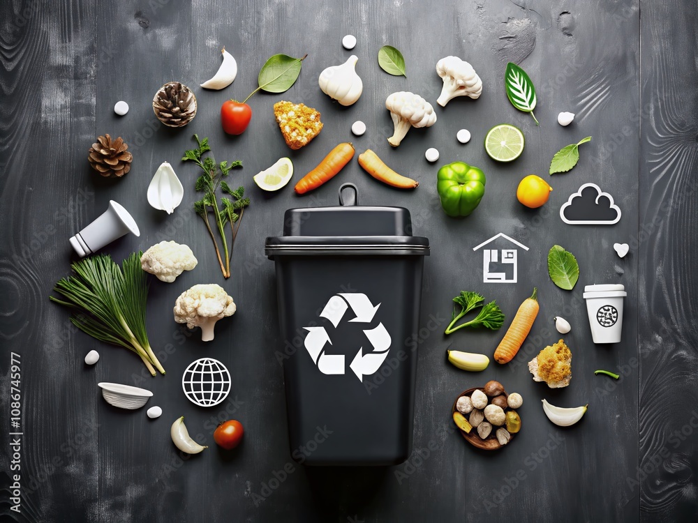 Obraz premium Black and White Trash Solid Icons for Food Photography: Exploring Waste Management and Sustainability in Culinary Practices