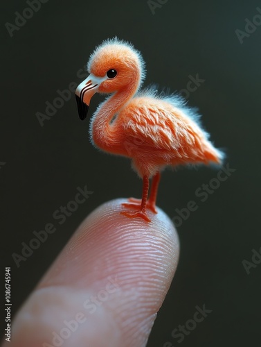 Adorable flamingo. It is the world's smallest cute pet baby, perched on a beautiful finger, which is undoubtedly cute and charming. photo