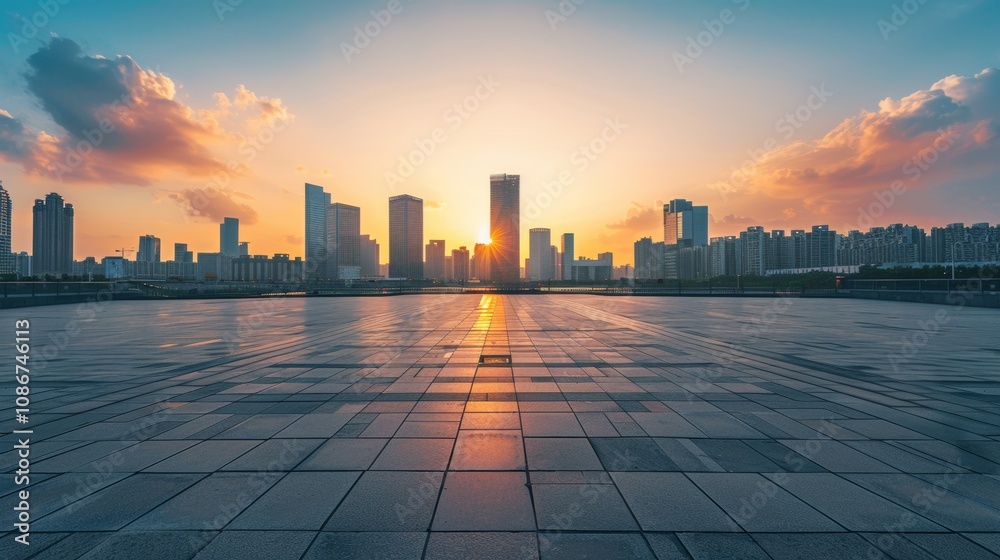 Empty square floor with city skyline background, Green Energy District implementation, dawn
