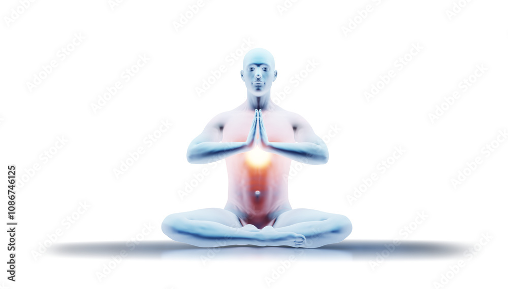 Man with glowing chest in yoga meditation pose Man with glowing chest in yoga meditation pose