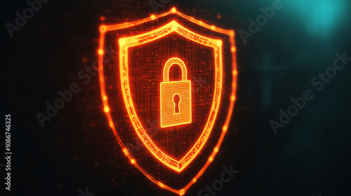 Glowing orange shield symbol with padlock, representing digital security and protection in technology.