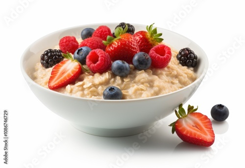 A vibrant bowl of oatmeal topped with a generous serving of fresh mixed berries. Perfect for a nutritious breakfast, isolated on a white background