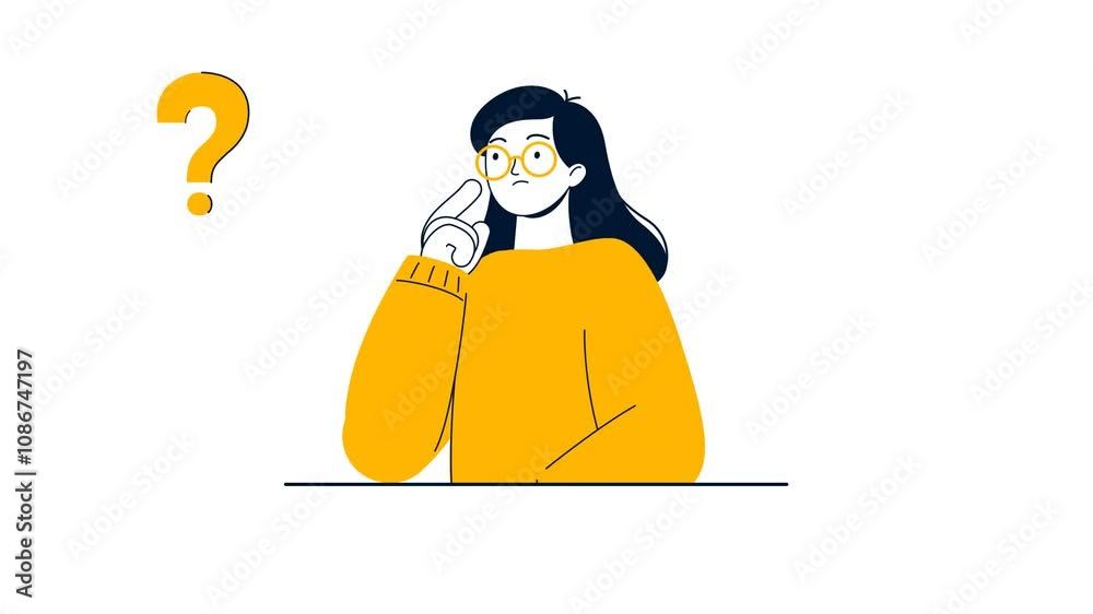 Young woman is finding solution, thinking, sharing offers, light bulbs. Business idea, plan strategy and solution concept. 2D-animation.