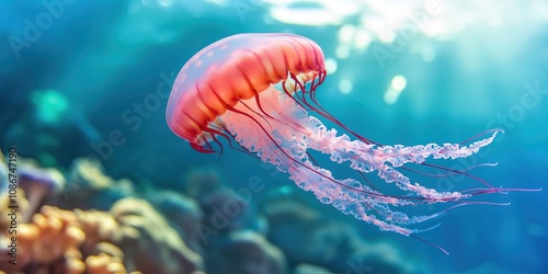 A box jellyfish gliding through the water near a coral reef photo