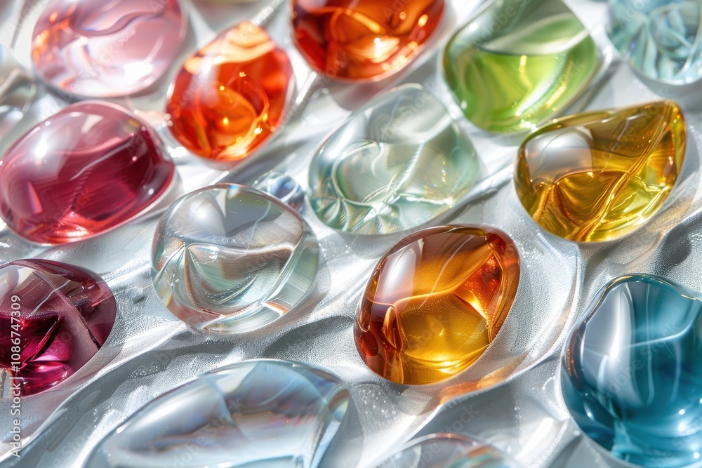 Colorful, glossy glass gems arranged on a surface, reflecting light and creating a vibrant visual display. Colorful, glossy glass gems arranged on a surface, reflecting light and creating a vibrant visual display.