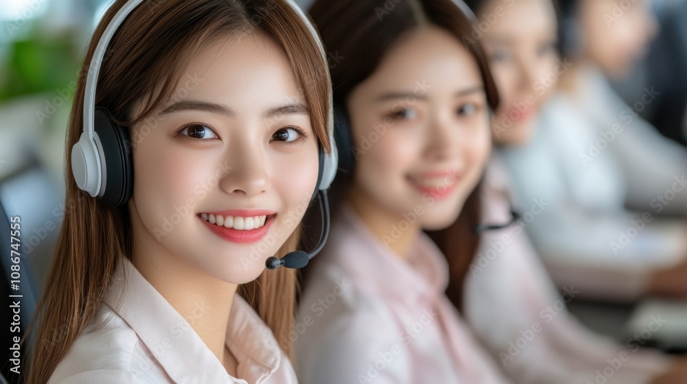 Asian female customer service staff in an office, smiling with a headset, showcasing professionalism and approachable service skills perfect for company advertising or branding Asian female customer service staff in an office, smiling with a headset, showcasing professionalism and approachable service skills perfect for company advertising or branding