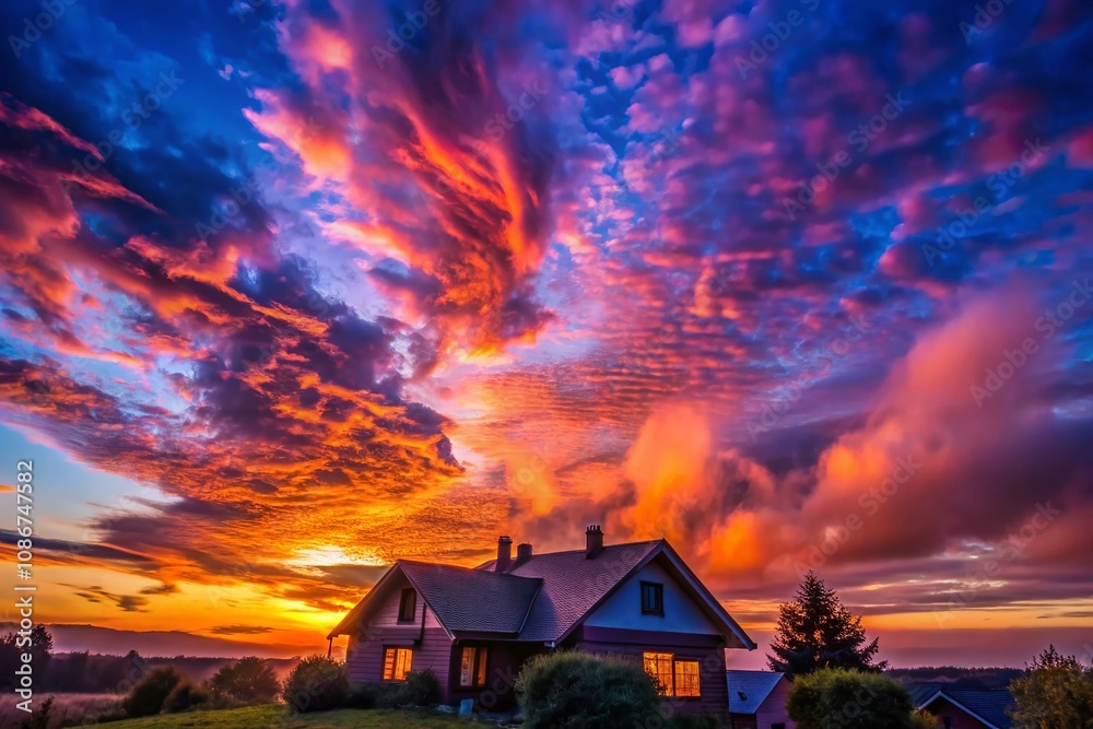 Breathtaking Cloudscape View Before Sunrise with Silhouette of a Cozy Home, Capturing the Tranquility of Early Morning and the Beauty of Nature's Awakening Breathtaking Cloudscape View Before Sunrise with Silhouette of a Cozy Home, Capturing the Tranquility of Early Morning and the Beauty of Nature's Awakening