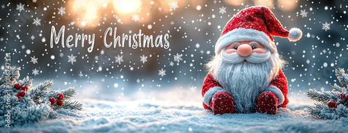 wide panoramic Christmas cover illustration with merry christmas title on it, funny gnome with red hat and white beard at side 