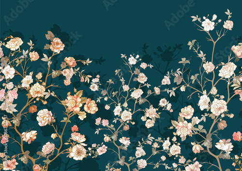 Blossom trees with flowers. Seamless pattern, background. Vector illustration. In Chinoiserie, japandi, botanical style
