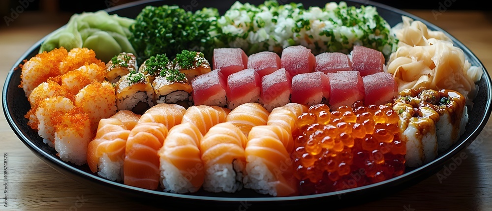 a vibrant top-down view of an assorted sushi platter with colorful ingredients and chopsticks beside it. sushi platter with fresh ingredients a vibrant top-down view of an assorted sushi platter with colorful ingredients and chopsticks beside it. sushi platter with fresh ingredients