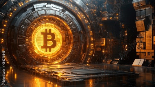 Futuristic Bitcoin Gateway Surrounded by Digital Elements, Illuminated by Warm Glow, Representing Cryptocurrency and Blockchain Technology in a High-Tech Environment