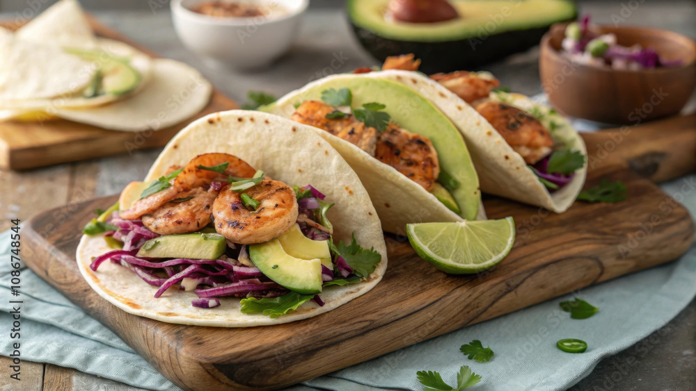 Delicious shrimp tacos with fresh toppings and lime slices Delicious shrimp tacos with fresh toppings and lime slices