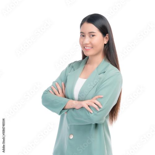 Portrait beautiful working Asian woman , business girl standing arms crossed with happiness isolated on a transparent png background