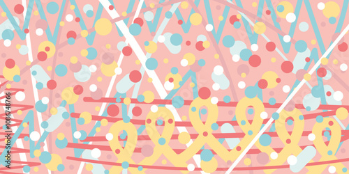 Abstract style geometric blue, red, pink, white background with zigzag wavy lines, dots. Hand drawn multicolored vector illustration for cards, business, banners, wallpaper, textile. Editable stroke	
