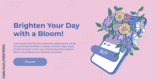 Smartphone with beautiful bouquet coming out of screen. Flower delivery, online ordering, shopping, mobile app concept, banner. Big button on mobile screen. Buying flowers in an online store.