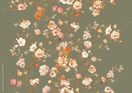 Blossom trees with flowers. Seamless pattern, background. Vector illustration. In Chinoiserie, japandi, botanical style