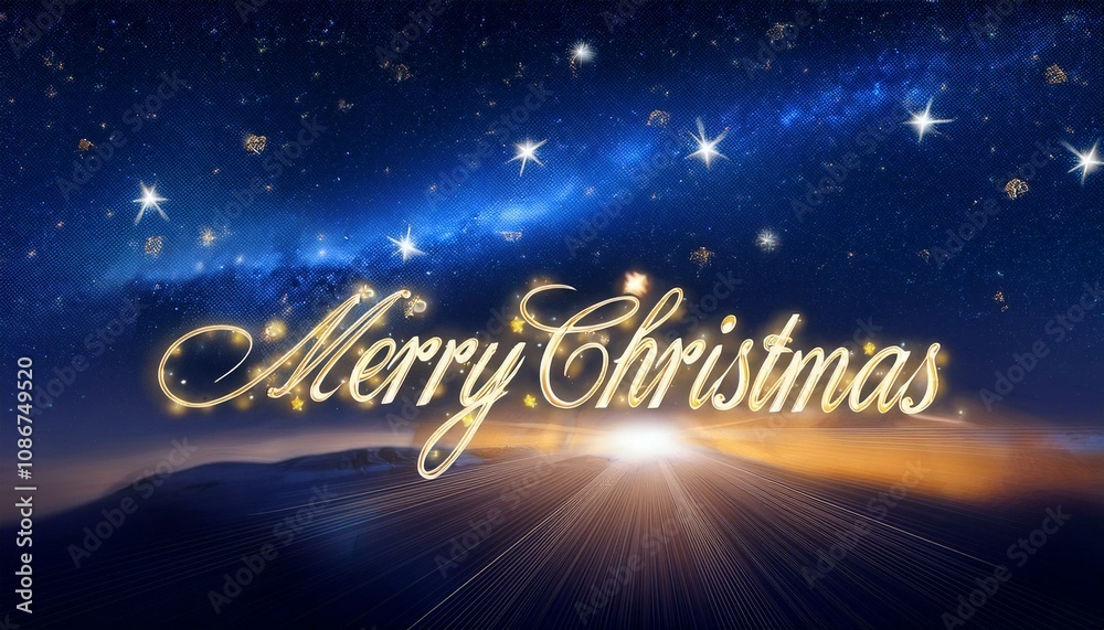 深い青の夜空と光る星々、「メリークリスマス」の文字が調和した構図
深い青の夜空と光る星々、「メリークリスマス」の文字が調和した構図