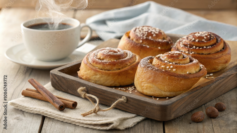 Warm and inviting cinnamon rolls with coffee on rustic table