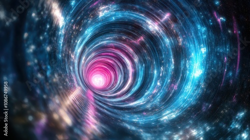 A vibrant cosmic tunnel spiraling through space, featuring swirling galaxies, bright stars, and a glowing pink center, evoking a sense of wonder and exploration.