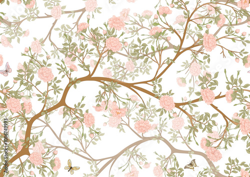 Blossom trees with flowers and butterflies. Seamless pattern, background. Vector illustration. In Chinoiserie, japandi, botanical style