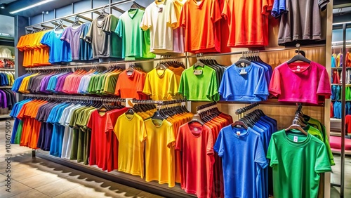 Bright Multicolored Sports T-Shirts Displayed on a Rack in a Retail Store, Showcasing Various Styles and Colors for Activewear Enthusiasts and Fashion Buyers photo