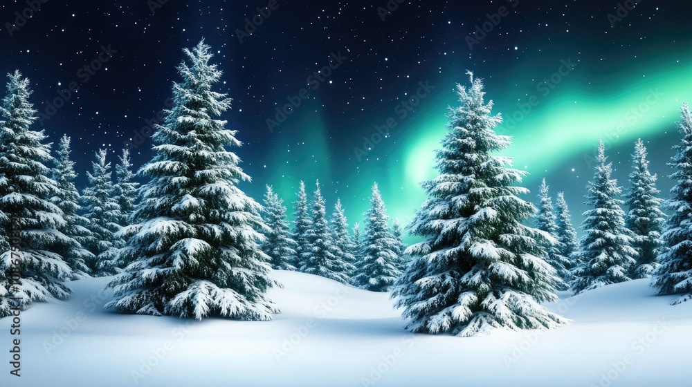 A serene winter landscape featuring snow-laden trees illuminated by the enchanting northern lights on a clear night sky A serene winter landscape featuring snow-laden trees illuminated by the enchanting northern lights on a clear night sky