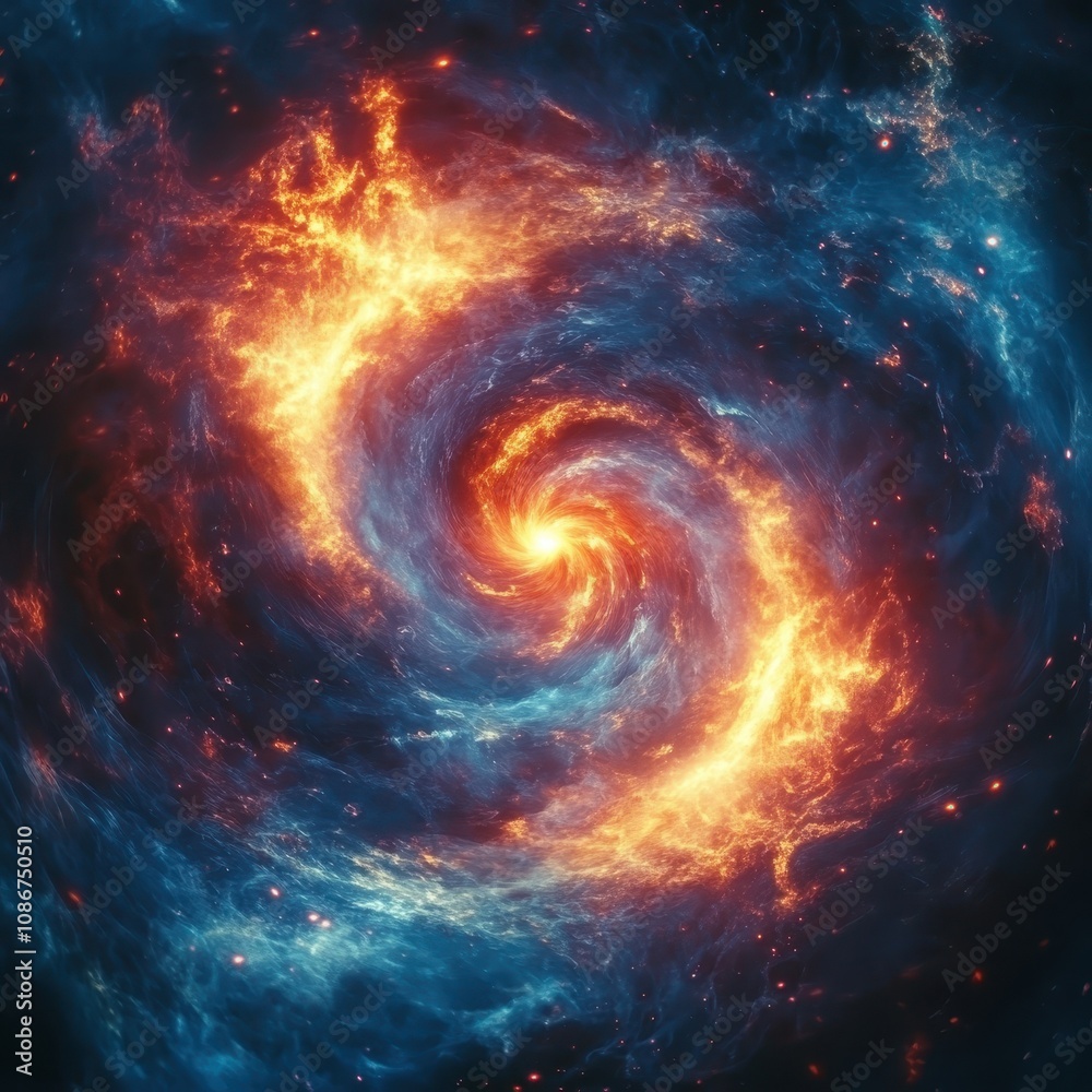A vibrant swirling galaxy with fiery orange and blue hues, showcasing the beauty of cosmic formations and stellar phenomena. A vibrant swirling galaxy with fiery orange and blue hues, showcasing the beauty of cosmic formations and stellar phenomena.