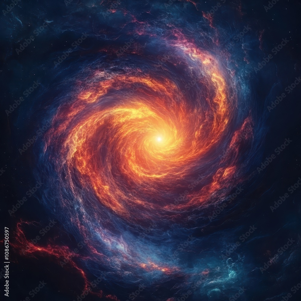 A vibrant spiral galaxy with swirling orange and blue hues, centered around a bright core, showcasing the beauty of cosmic formations. A vibrant spiral galaxy with swirling orange and blue hues, centered around a bright core, showcasing the beauty of cosmic formations.