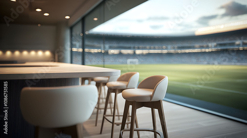 A stylish interior bar setting overlooking a football field, featuring modern stools and a sleek countertop, perfect for enjoying events.